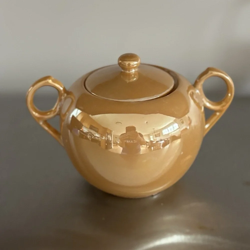 Vintage Orange Yellow Gold Luster ware Iridescent Teapot And Sugar Made In Japan
